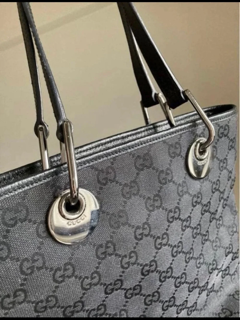 Gucci Black Monogram Tote with Silver-Tone Rings